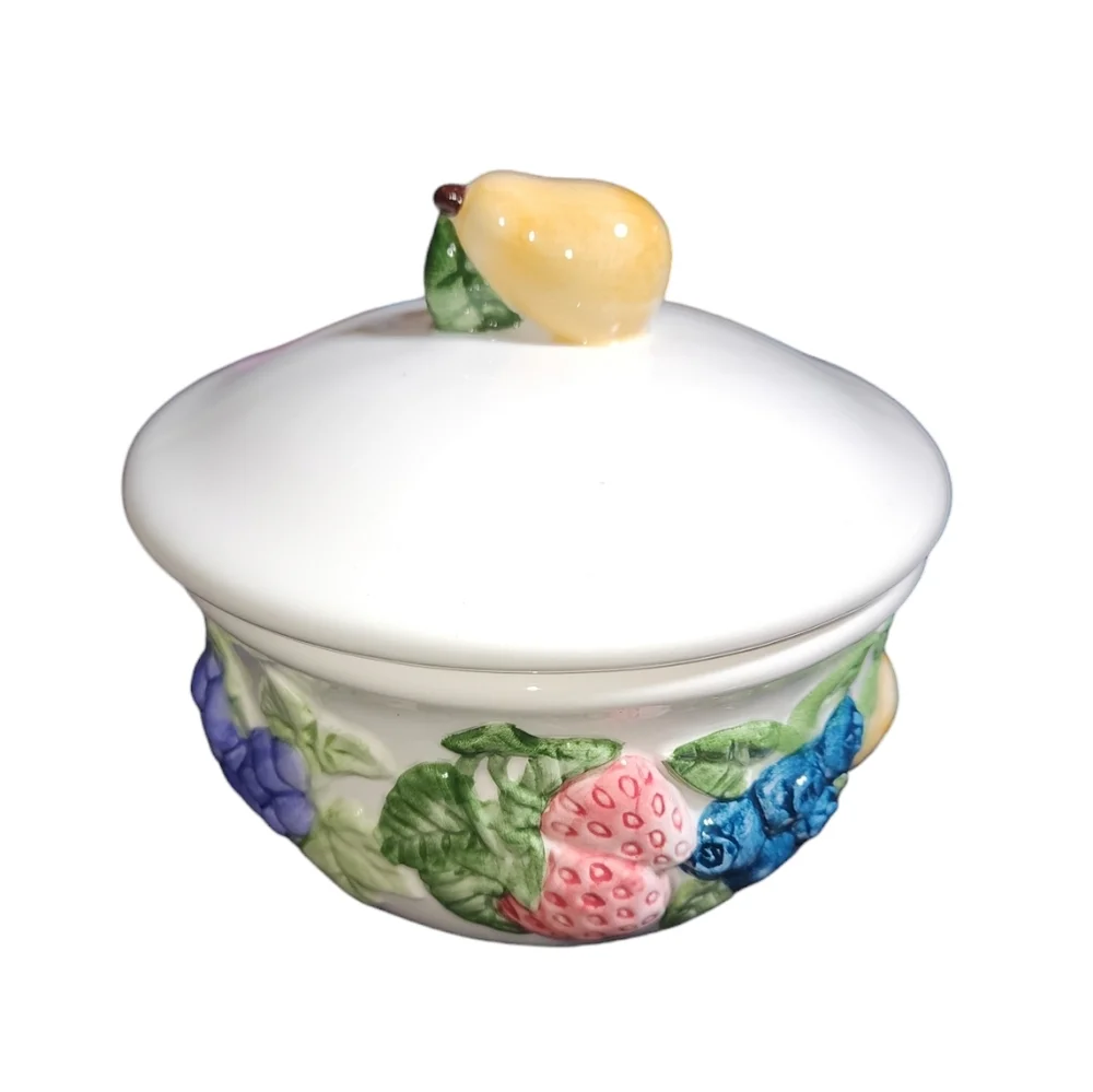 Vintage Lillian Vernon Colorful Fruit Accented White Lidded Ceramic Bowl 5